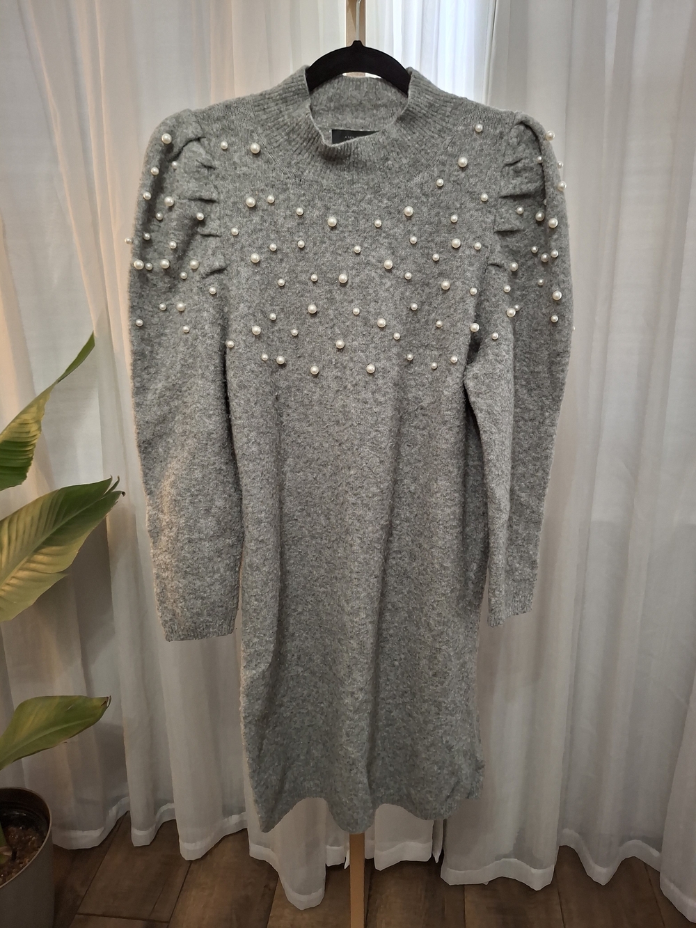 Ann Taylor Gray Pearl-Embellished Knit Dress